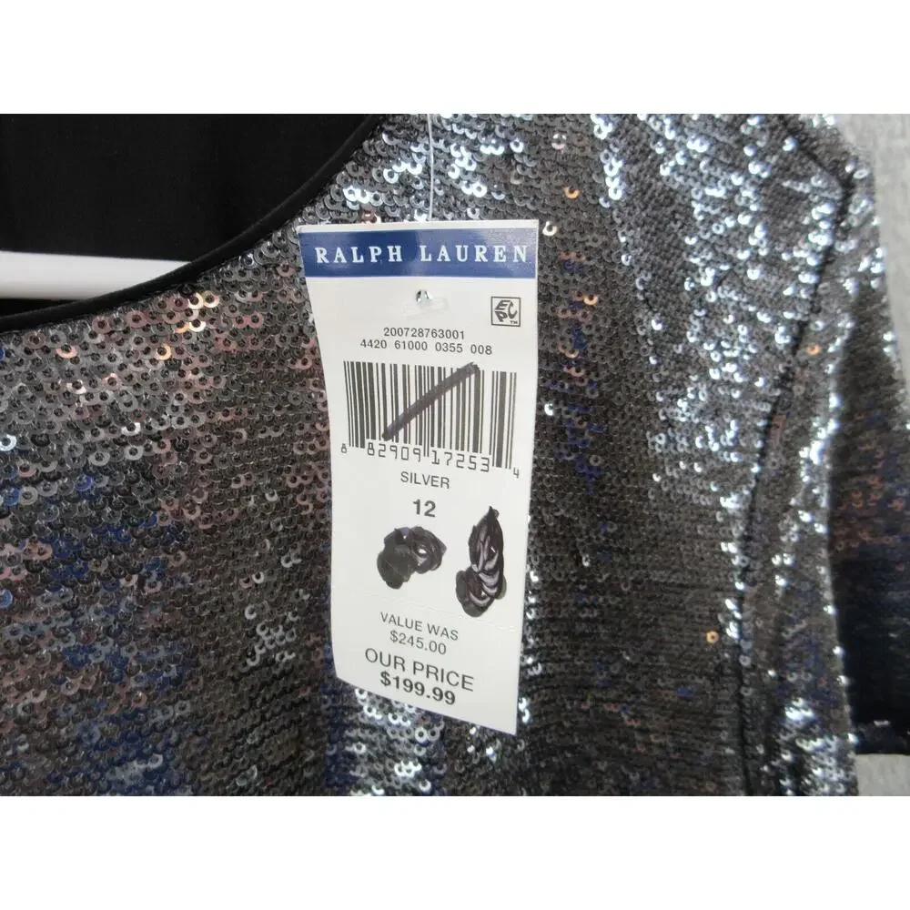NWT Ralph Lauren Women Sz 12 Silver Sequined Party Cocktail Dress Round Neck - Picture 3 of 16